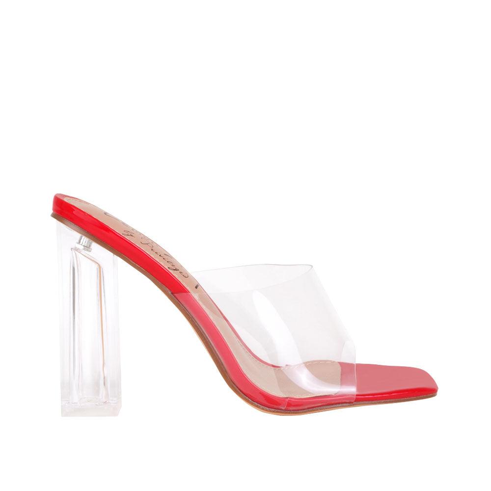 Women's red-colored shoes with transparent block heels and strap-side view