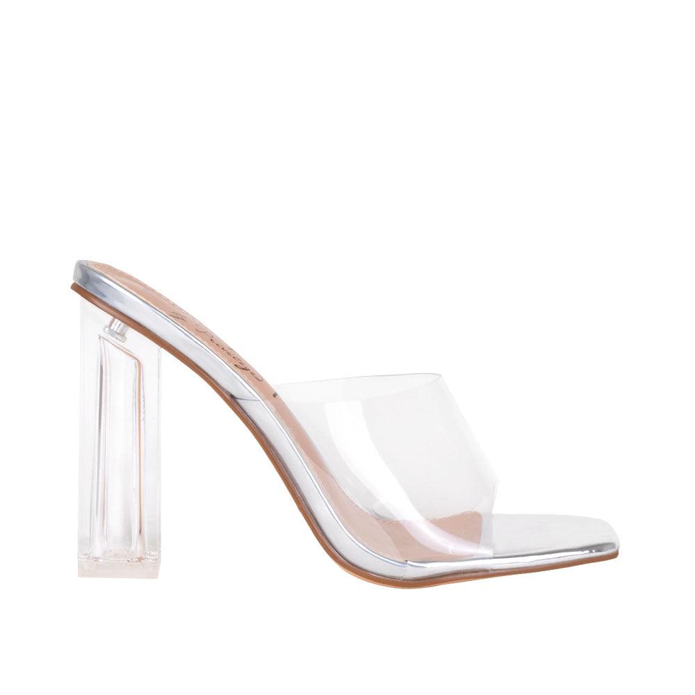 Silver-colored shoes for women with transparent block heels and strap-side view