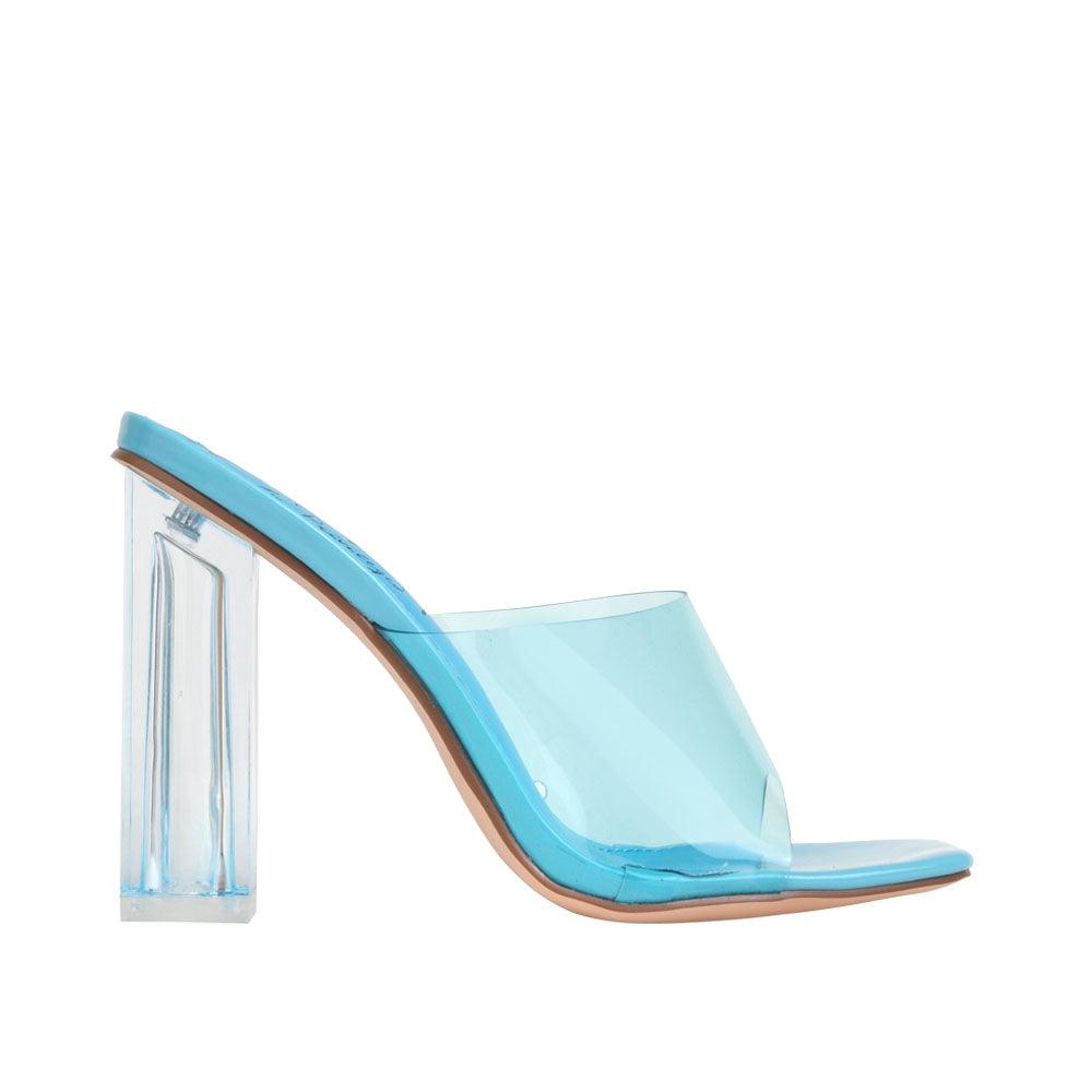 Shoes for women in turquoise-color with a clear block heels and strap-side view