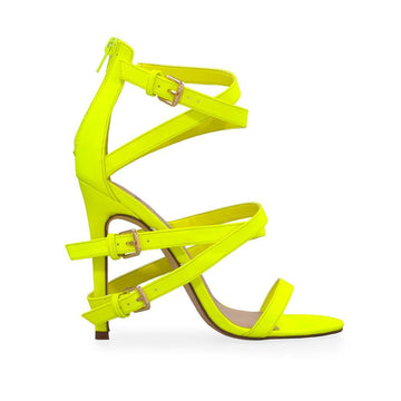 women's neon-yellow colored heels with embellished buckle straps and back zipper closure