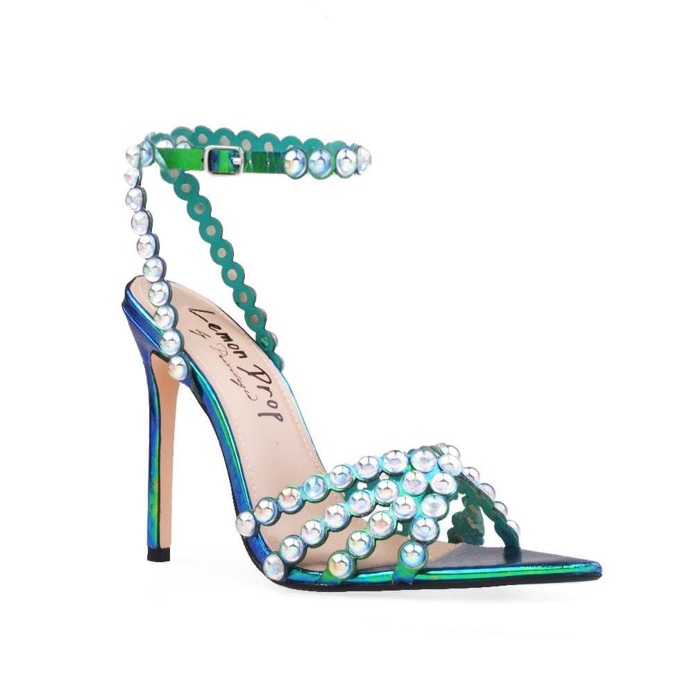 Green-colored women's pearl embedded open toed heels with ankle buckle fastening-corner view