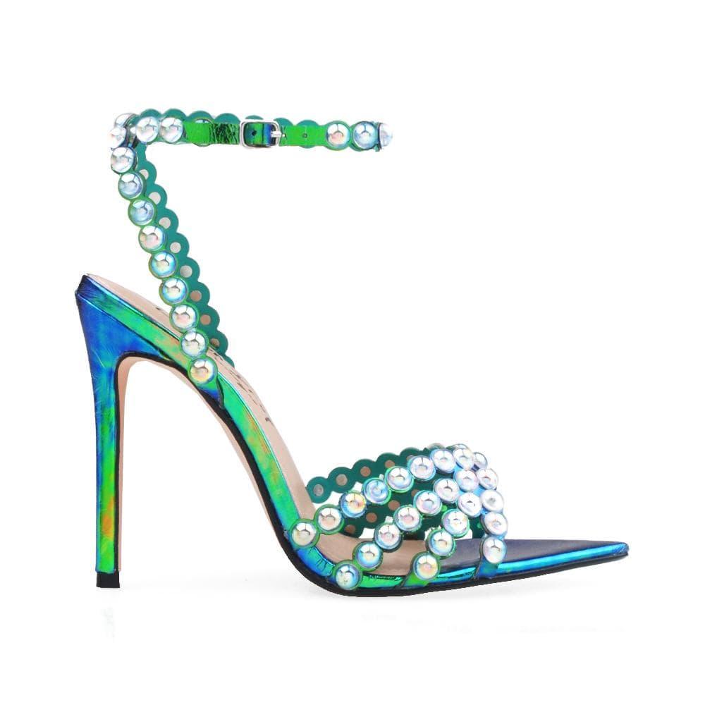 Green-colored women's pearl embedded open toed heels with ankle buckle fastening-side view