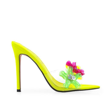 Neon yellow women's slip on style heels with clear strapped neon flowers upper
