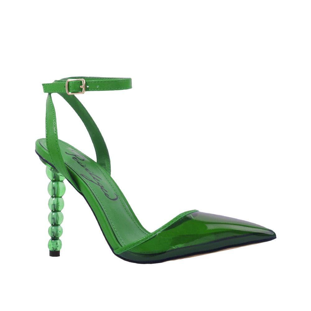 Shoes for women in green-color with a semi-transparent vinyl closed-toe top and ankle buckle clasp-corner view