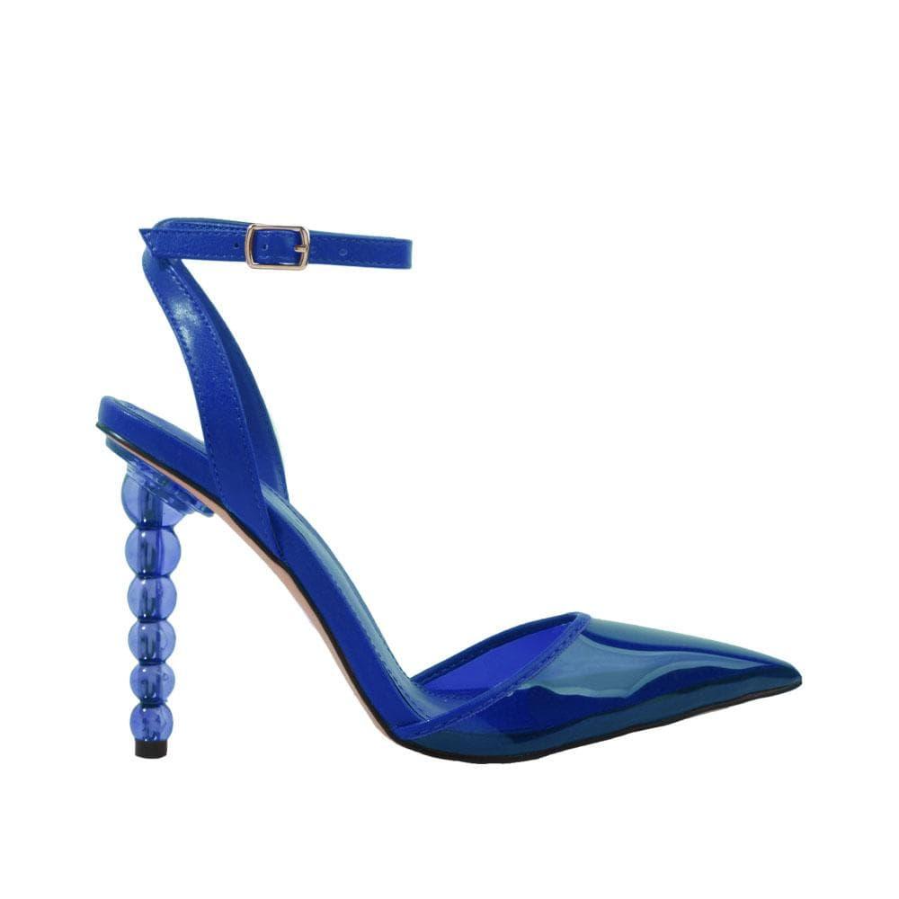 Women's cobalt shoes with a closed-toe semi-transparent vinyl top and ankle buckle closure-side view