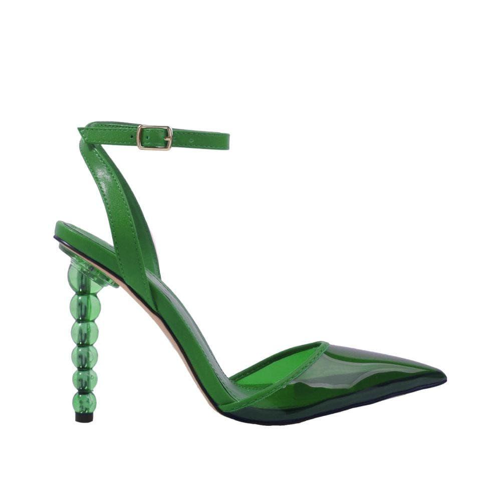 Shoes for women in green-color with a semi-transparent vinyl closed-toe top and ankle buckle clasp-side view