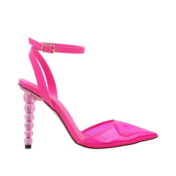 Fuchsia-colored shoes for women with a closed-toe semi-transparent vinyl top and ankle buckle fastening-side view
