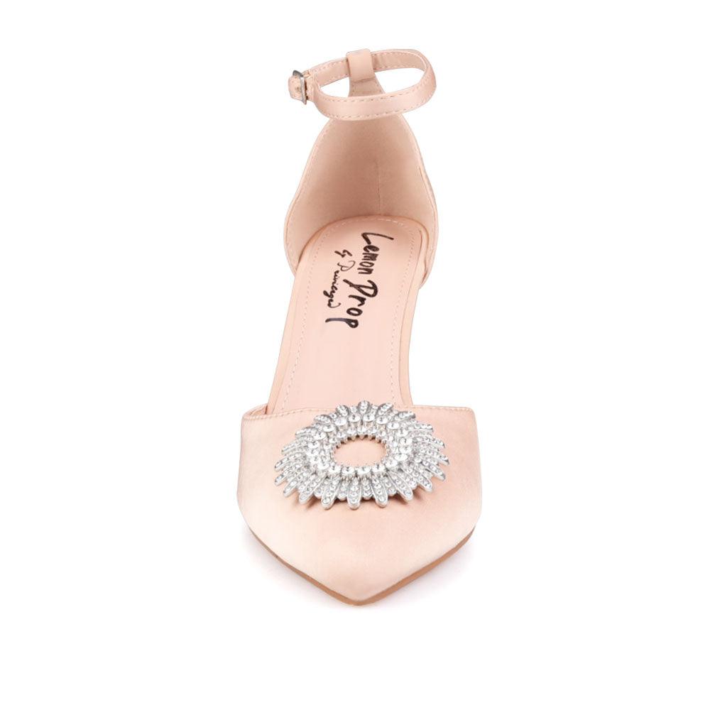 Nude-colored women's heel with closed toe dazzling design top and ankle buckle fastening-front view