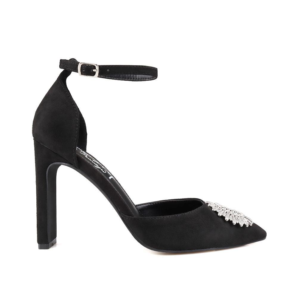 Women's black heel with ankle buckle clasp and closed toe gleaming silver design top-side view