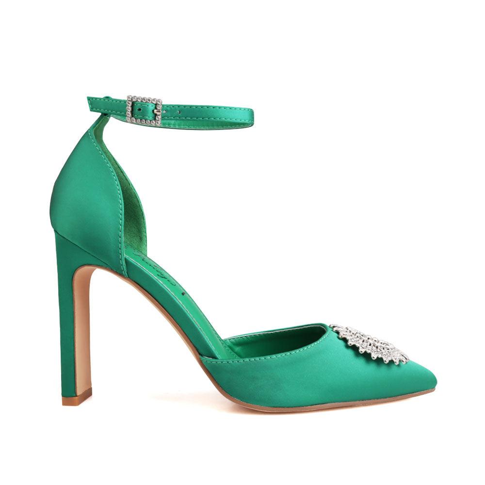 Green-colored women's heel with closed toe design upper and ankle buckle fastening-side view