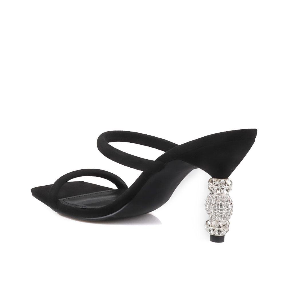 Women's black-colored open-toed heels with a double strap and a slip-on style-posterior view