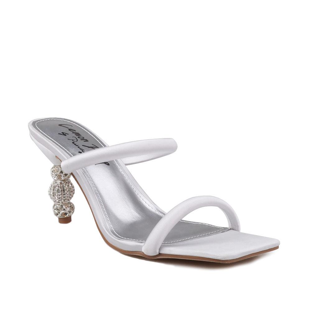 Women's open-toed silver-colored heels with a double strap and a slip on style-corner view