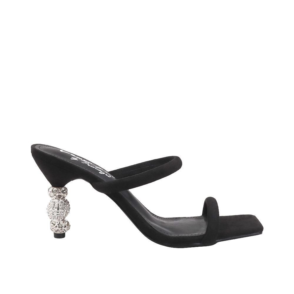 Women's black-colored open-toed heels with a double strap and a slip-on style-sdie view