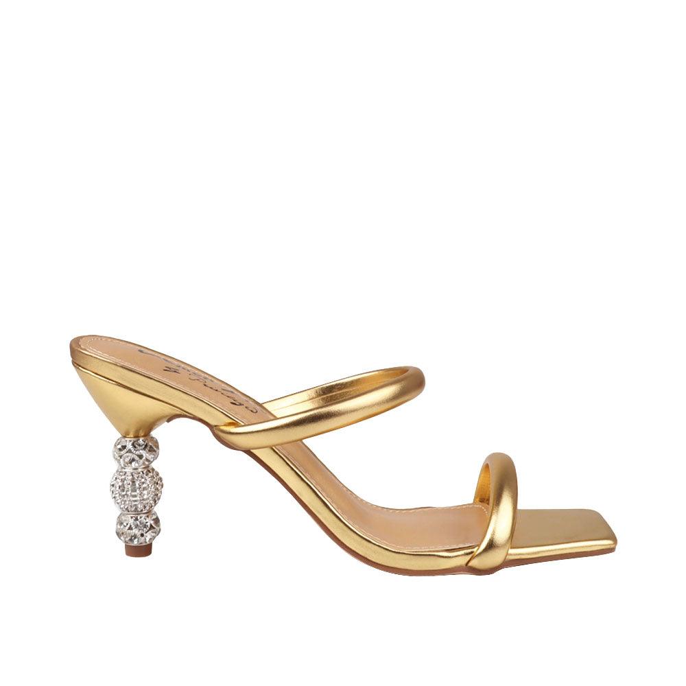 Golden-colored open-toed heels for women with a double strap and a slip-on design-side view