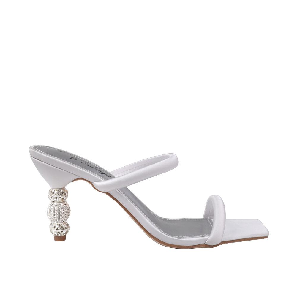 Women's open-toed silver-colored heels with a double strap and a slip on style-side view