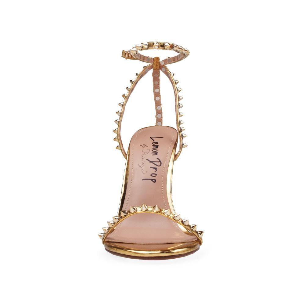 Open-toed pearled shoes for women in gold with a metallic studded ankle buckle clasp-front view