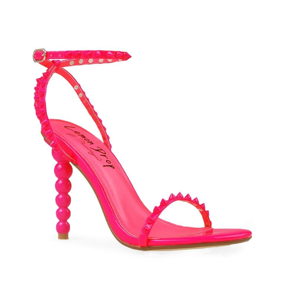 Pink open-toed pearled shoes for women with a metallic studded ankle buckle clasp-corner view