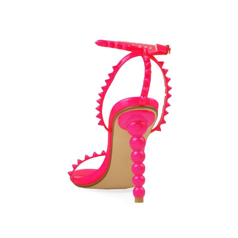 Pink open-toed pearled shoes for women with a metallic studded ankle buckle clasp-posterior view