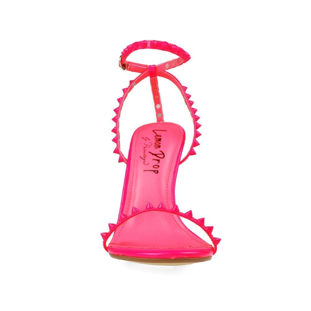 Pink open-toed pearled shoes for women with a metallic studded ankle buckle clasp-front view