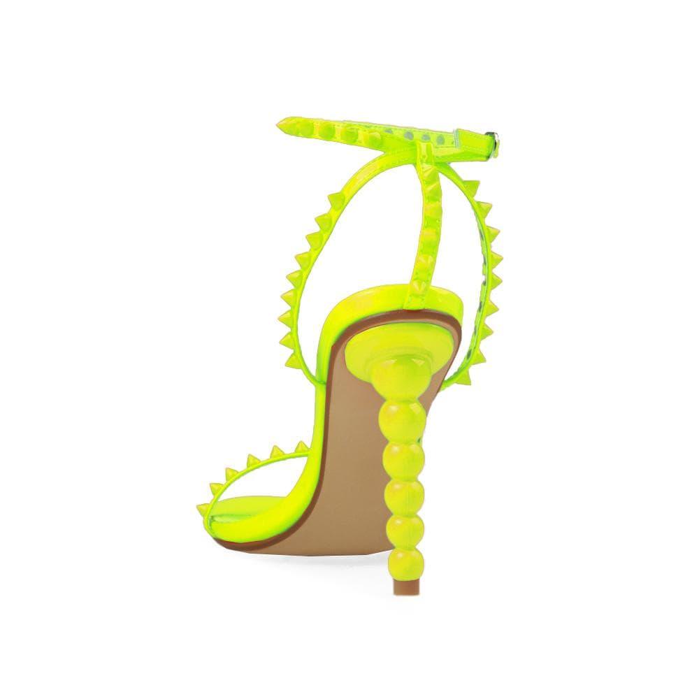 Women's neon yellow open-toed pearled shoes with a metallic studded ankle buckle clasp-posterior view