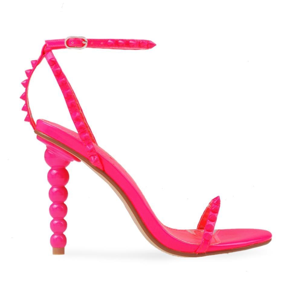 Pink open-toed pearled shoes for women with a metallic studded ankle buckle clasp-side view