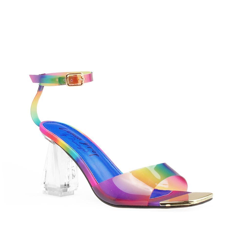 Women's clear block heels with silver metallic open toe and rainbow-colored upper with ankle buckle closure