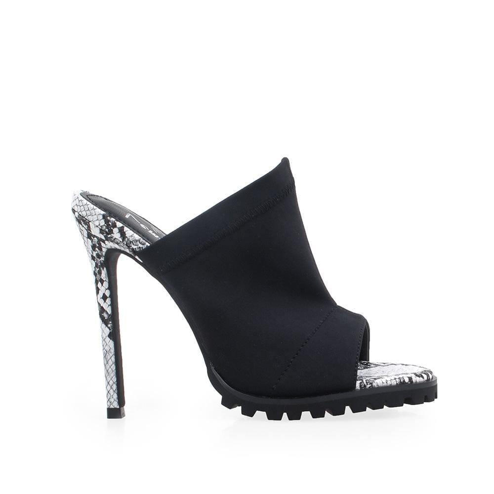 Women's open-toed black-color upper and black-white snake-patterned heels with rubber top and slide-in style.