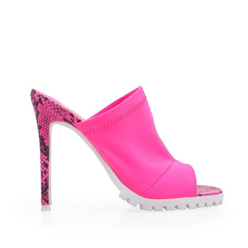 Pink-colored women's open-toed snake-patterned heels with rubber upper and slide in design