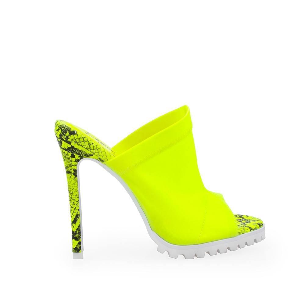 Women's neon-yellow upper and open-toed snake-patterned heels featuring a rubber top and slide in style.