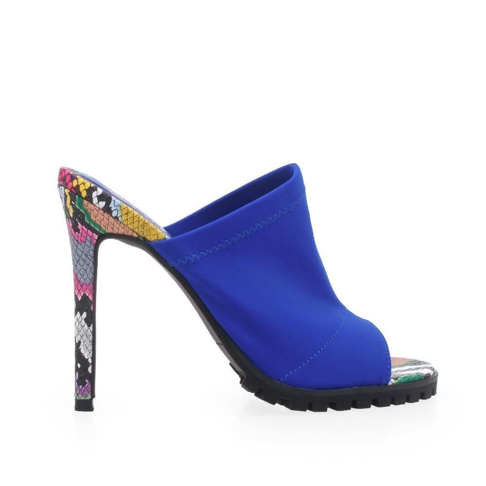 Open-toed women's blue-colored upper and multi-colored snake-patterned heels with rubber top and slide-in design.