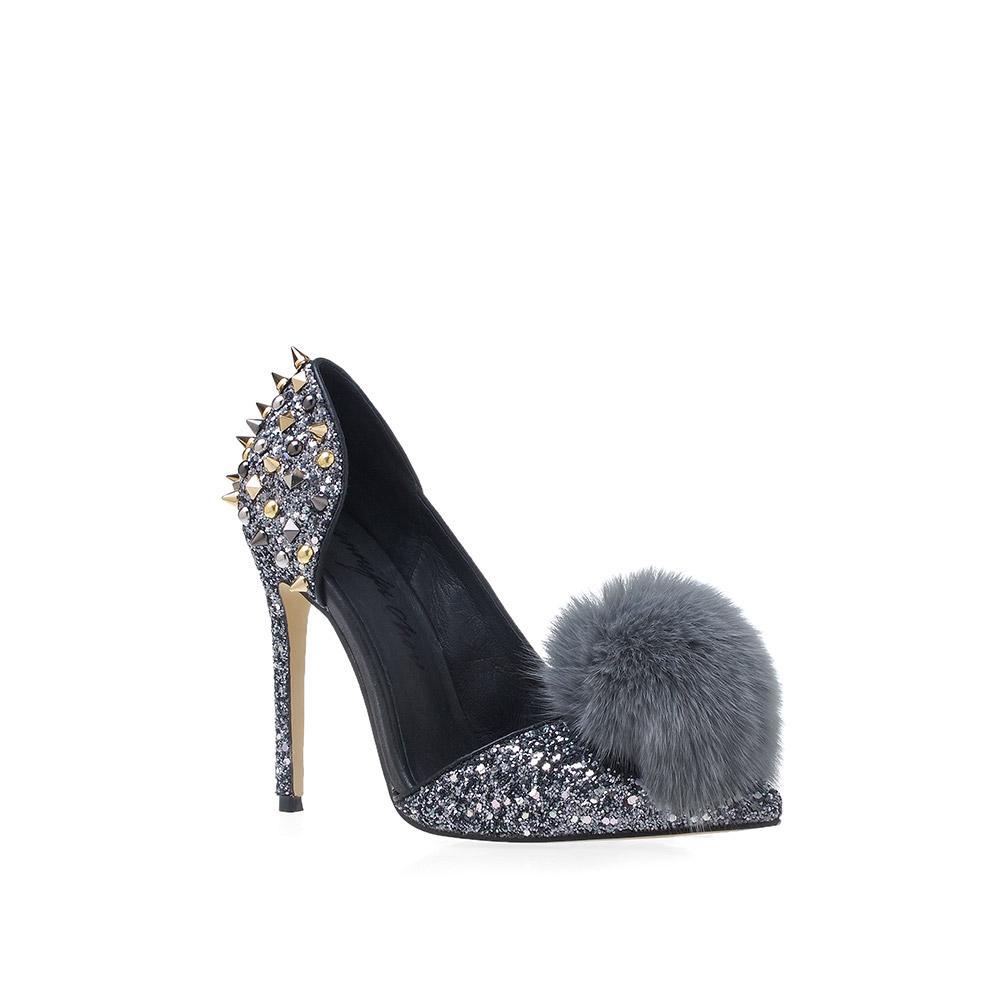 Women's pointed gray-colored fur pom heels with silver spike stud accents and slip on design-corner view