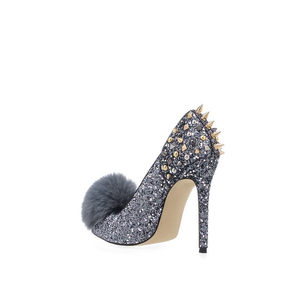 Women's pointed gray-colored fur pom heels with silver spike stud accents and slip on design-posterior view