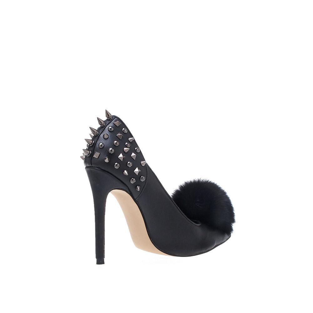 Women's pointed black-colored fur pom heels with silver spike stud details and slip on style-posterior view