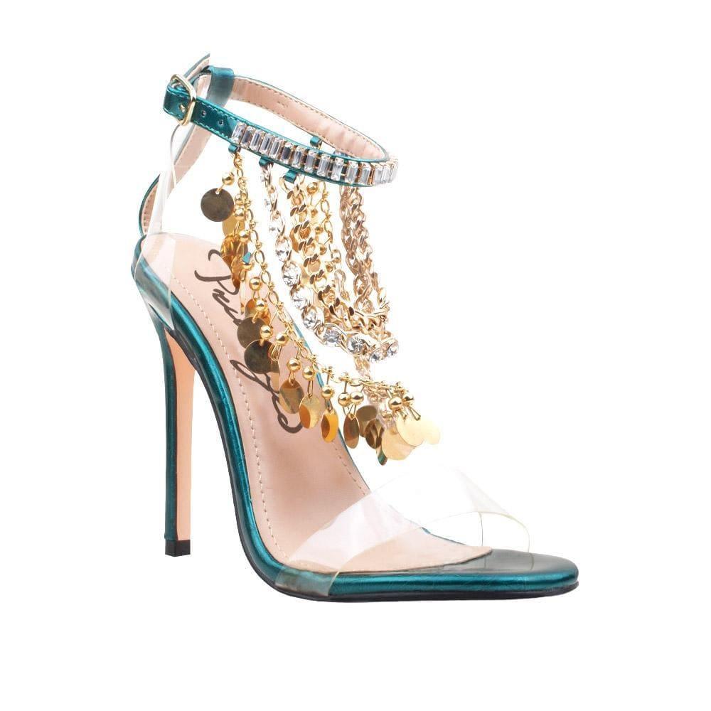 Women's green-colored heel with gold chains, rhinestones, metallic gold charms, and ankle buckle closure-corner view