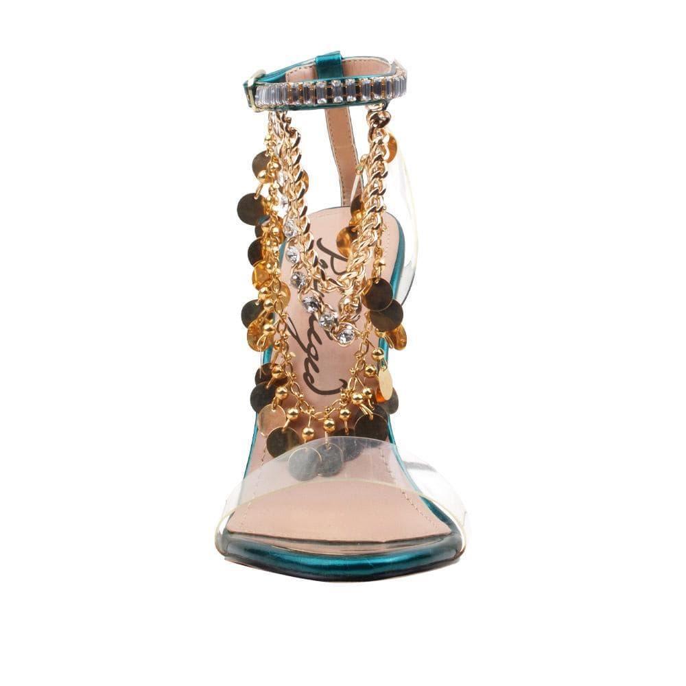 Women's green-colored heel with gold chains, rhinestones, metallic gold charms, and ankle buckle closure-front view