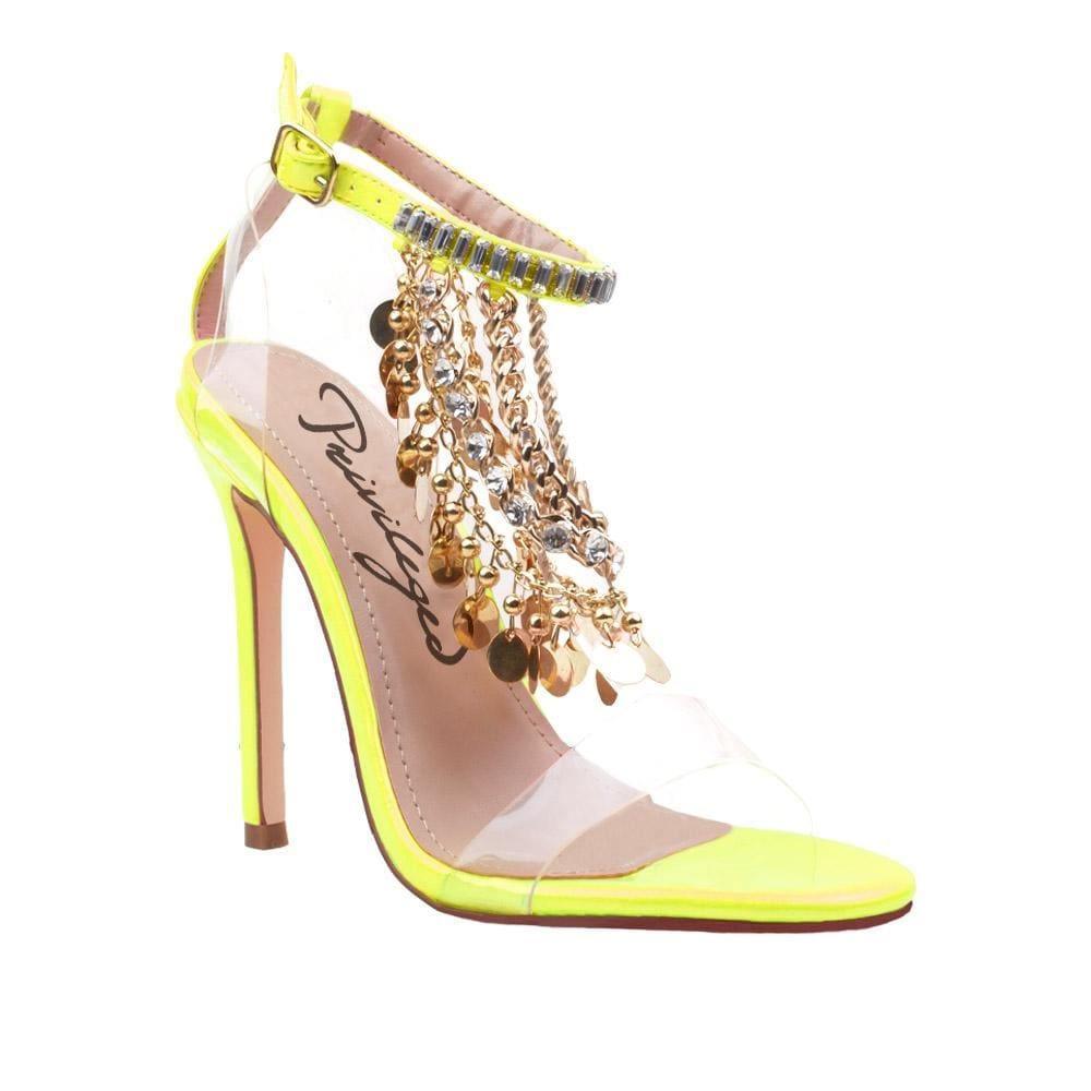 Neon-yellow colored women's heel with upper gold chains, rhinestones, metallic gold charms  and ankle buckle closure-corner view