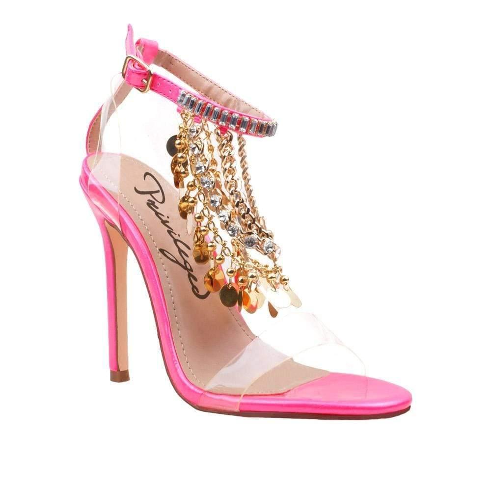 Women's neon-pink-colored heel with upper gold chains, rhinestones, metallic gold charms, and ankle buckle fastening-corner view