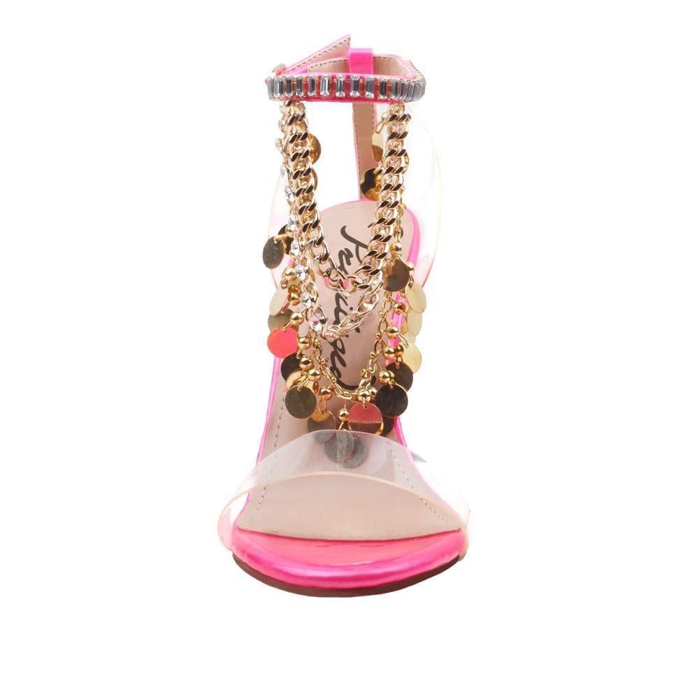 Women's neon-pink-colored heel with upper gold chains, rhinestones, metallic gold charms, and ankle buckle fastening-front view