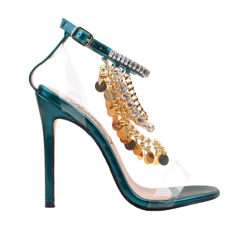 Women's green-colored heel with gold chains, rhinestones, metallic gold charms, and ankle buckle closure-side view