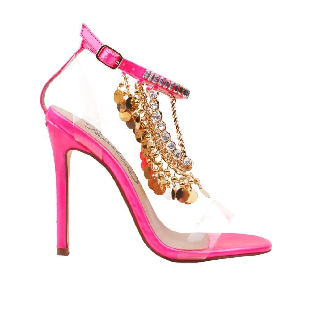 Women's neon-pink-colored heel with upper gold chains, rhinestones, metallic gold charms, and ankle buckle fastening-side view