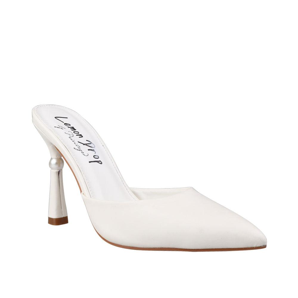 Women's white-colored slipper heels with pointy toe-corner view