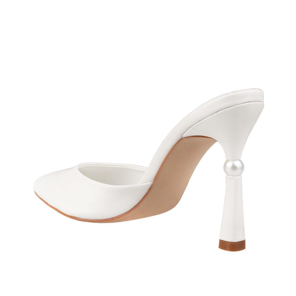 Women's white-colored slipper heels with pointy toe-posterior view