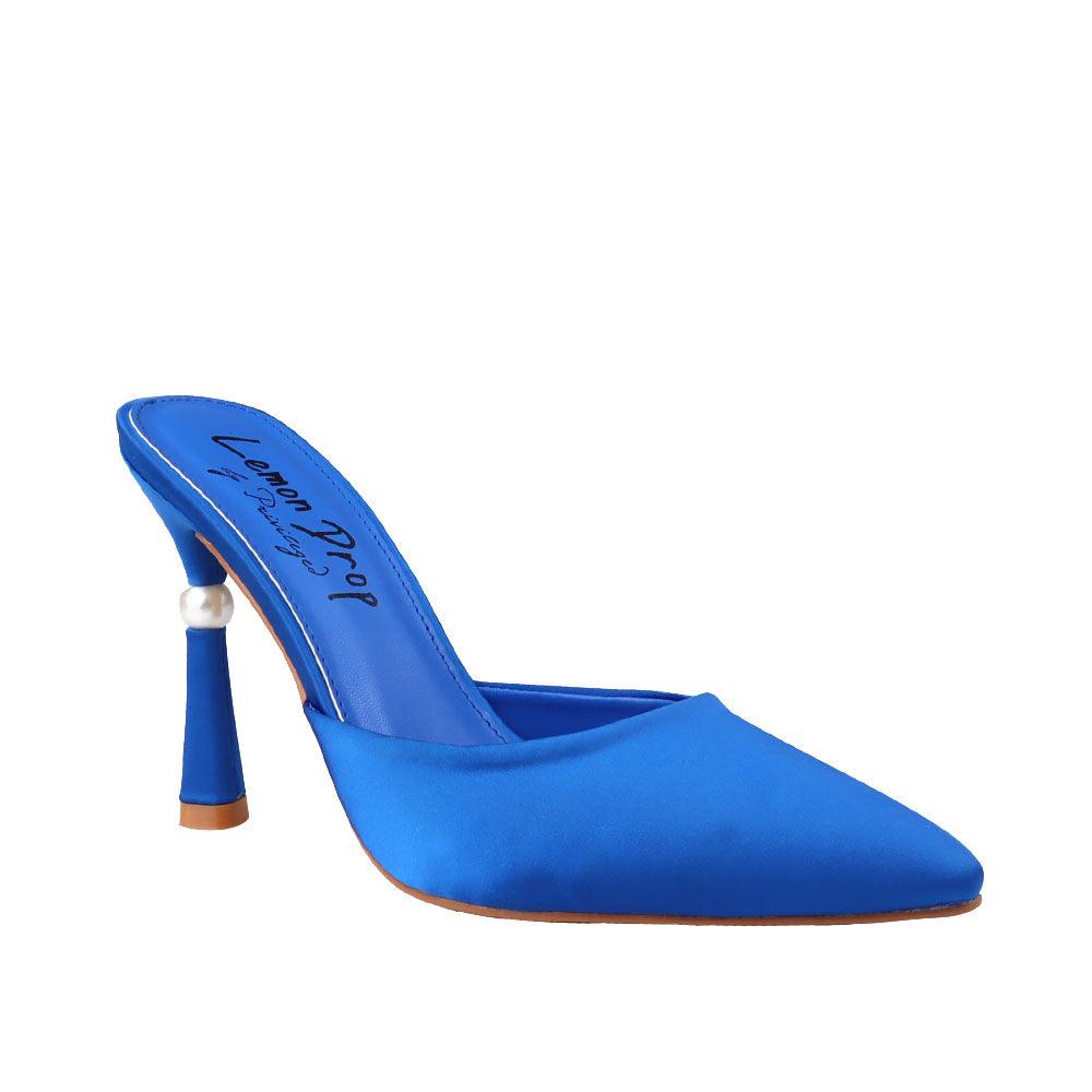 Cobalt-colored women's heels with slip on slipper pattern and pointed toe-corner view