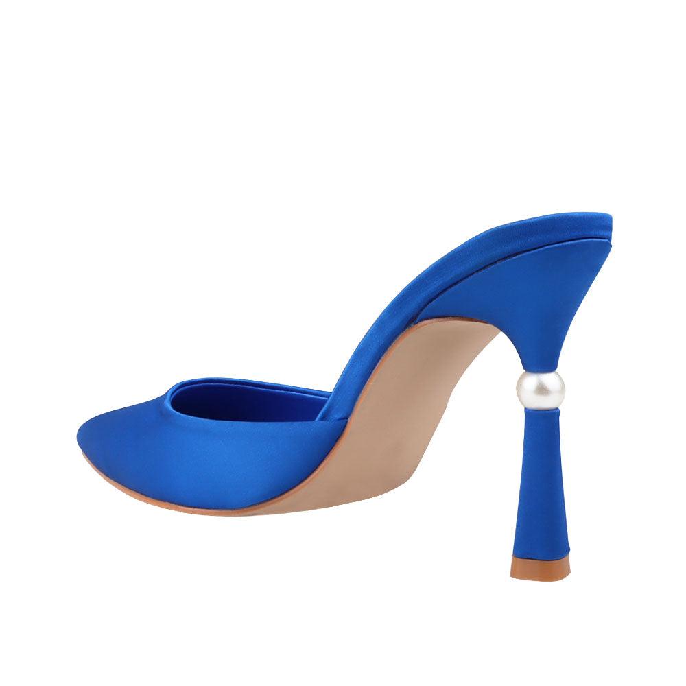 Cobalt-colored women's heels with slip on slipper pattern and pointed toe-posterior view