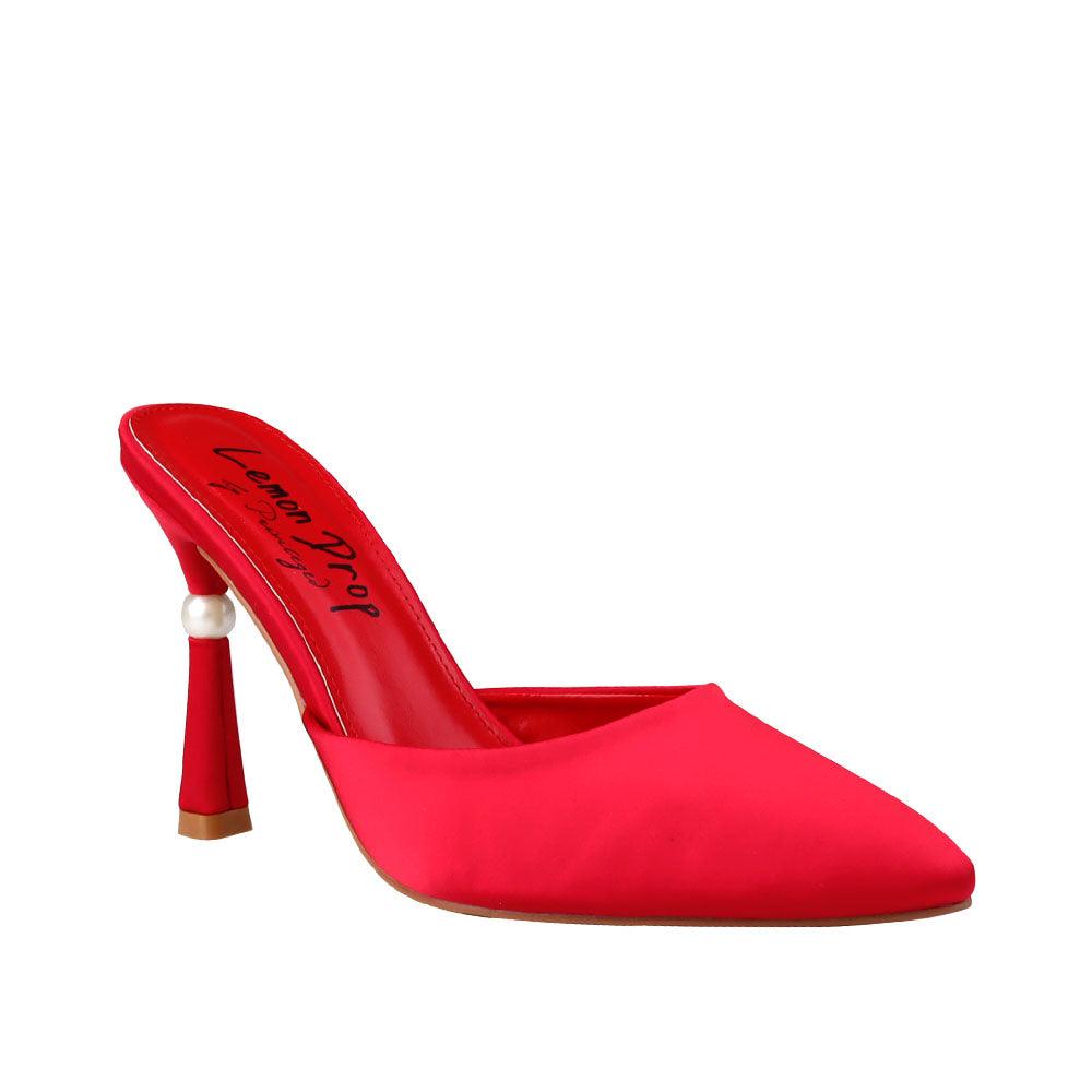 Women's red-colored heel with slipper design and pointed toe-corner view