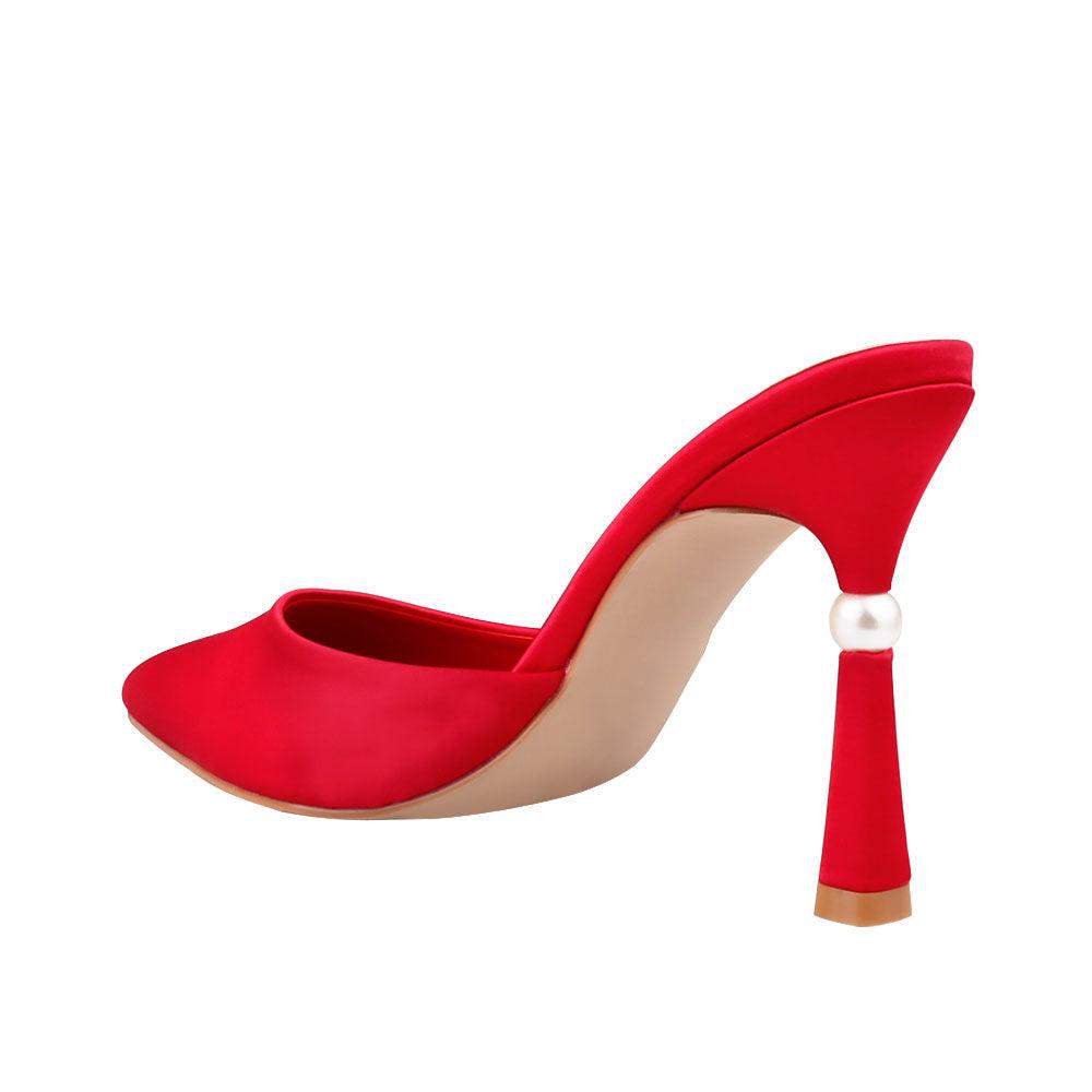 Women's red-colored heel with slipper design and pointed toe-posterior view