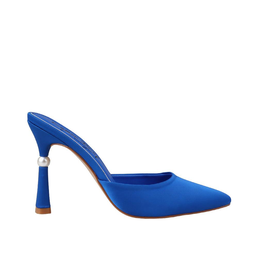 Cobalt-colored women's heels with slip on slipper pattern and pointed toe-side view