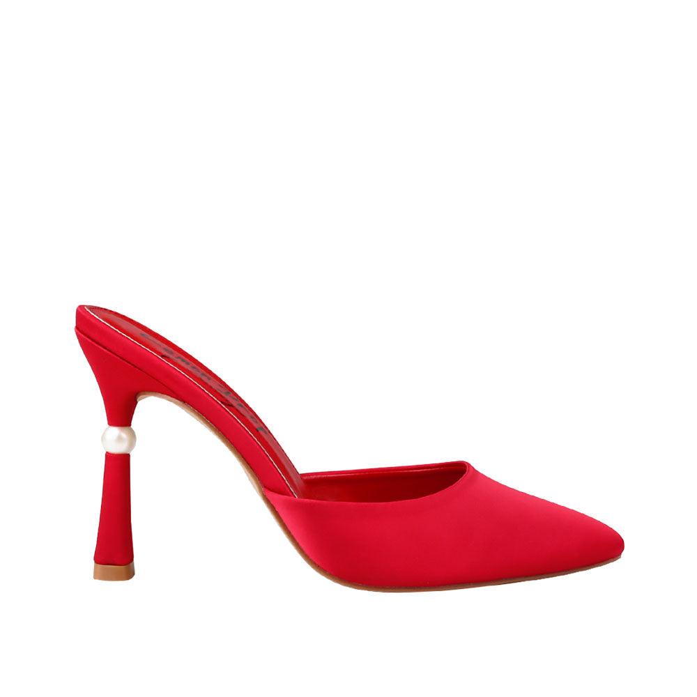 Women's red-colored heel with slipper design and pointed toe-side view