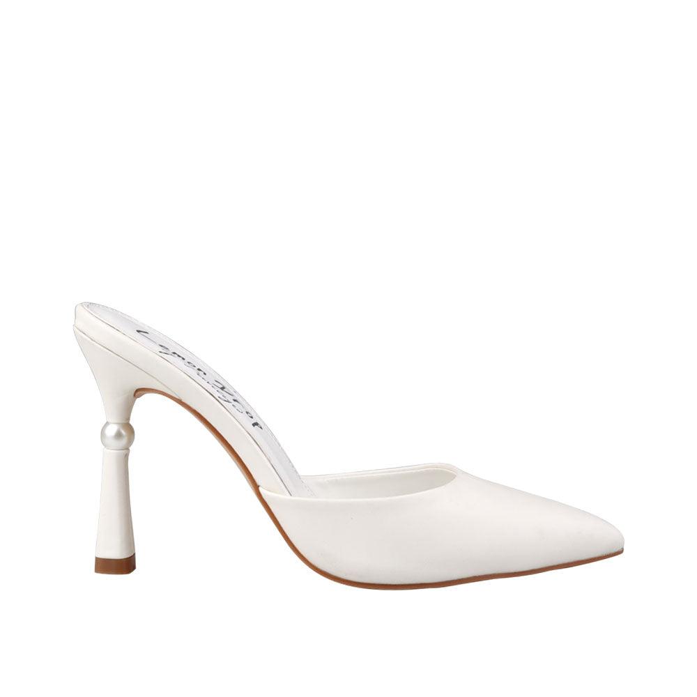 Women's white-colored slipper heels with pointy toe-side view