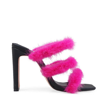 Women's hot-pink-colored faux fur strappy upper with slip on design and black bottom heel